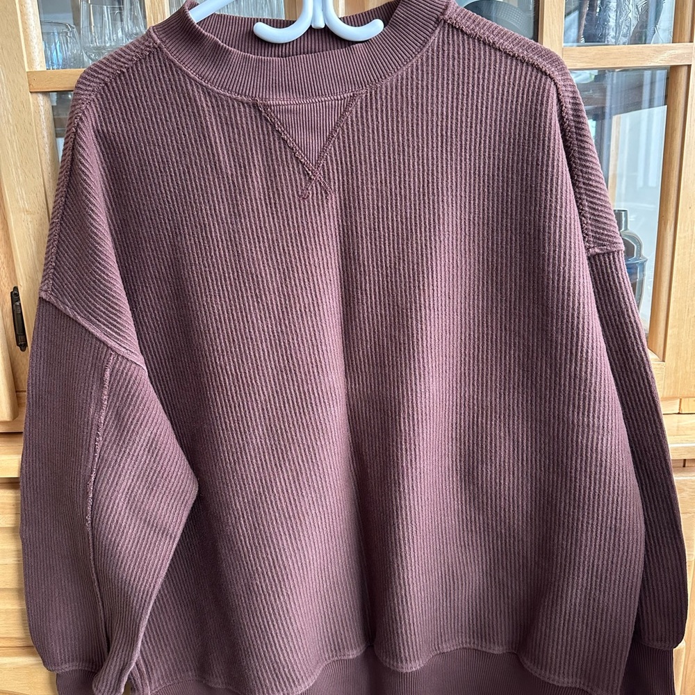 aerie Brown Crewneck Sweater with Ribbed Texture and Relaxed Fit